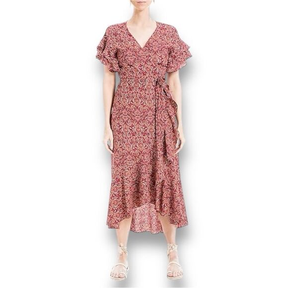 Max Studio Women's Ruffle Crepe High/Low Wrap Midi Dress in the Size X-Large - Picture 2 of 13